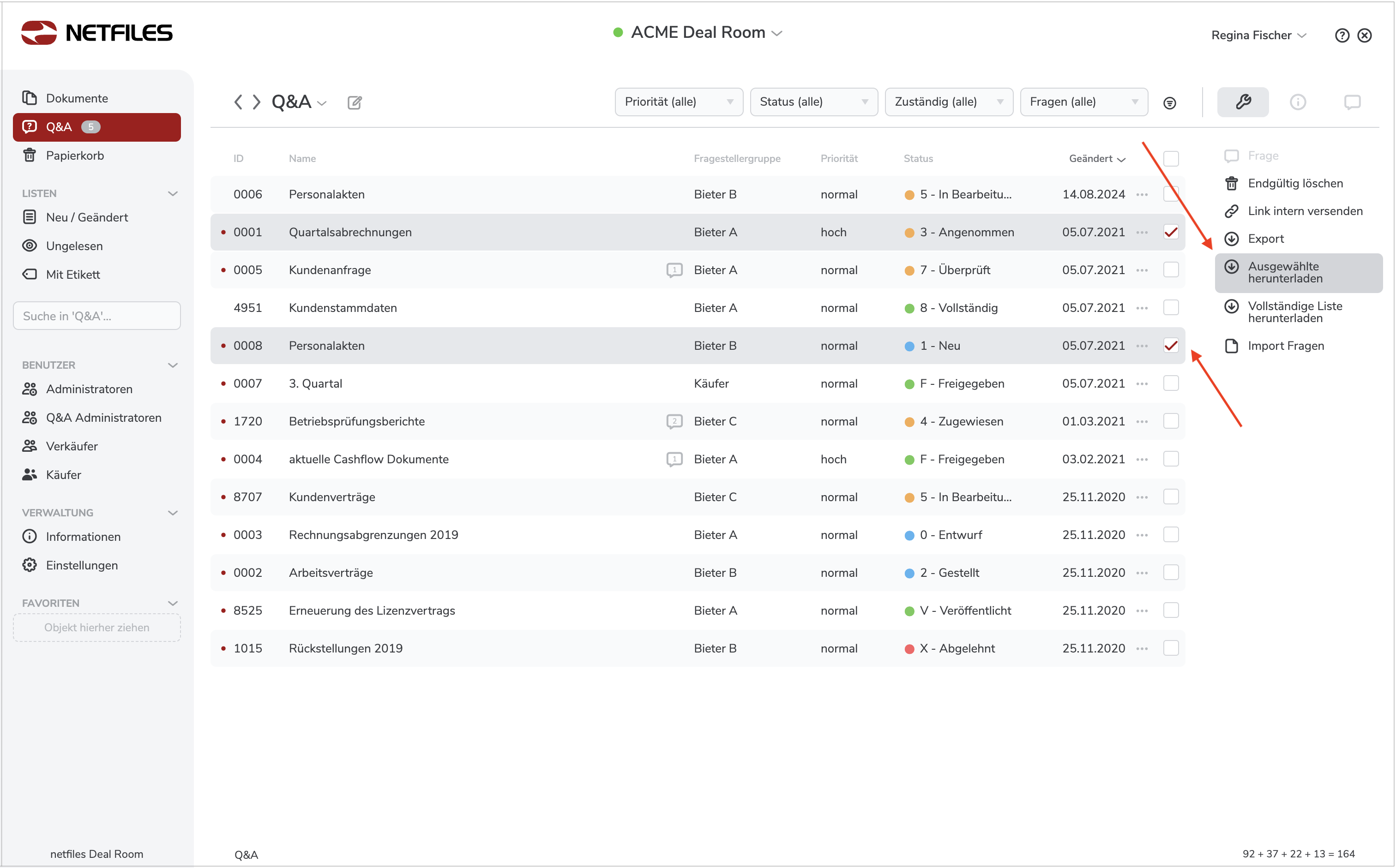 Screenshot zeigt die Download-Optionen von Fragen und Antworten (Q&A) in netfiles Deal Room.