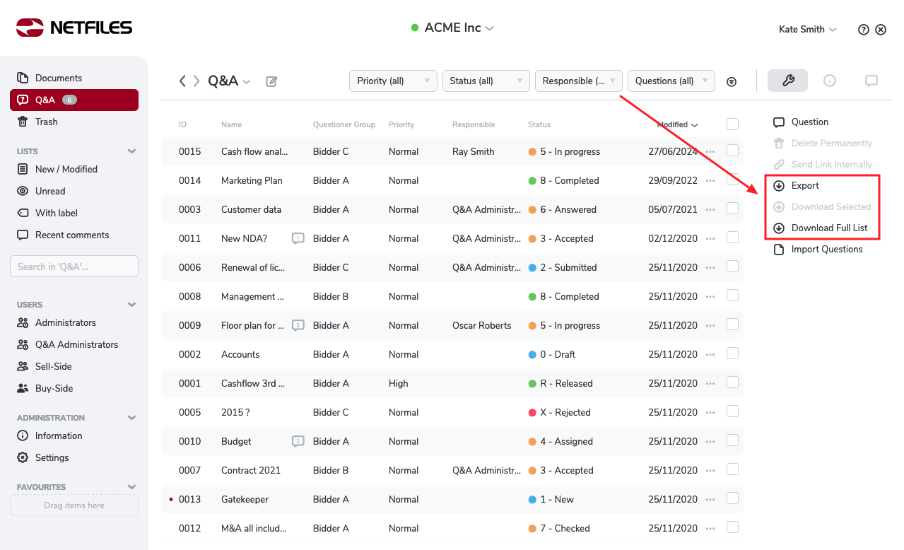 Screenshot showing download options for questions and answers (Q&A) in netfiles Deal Room.