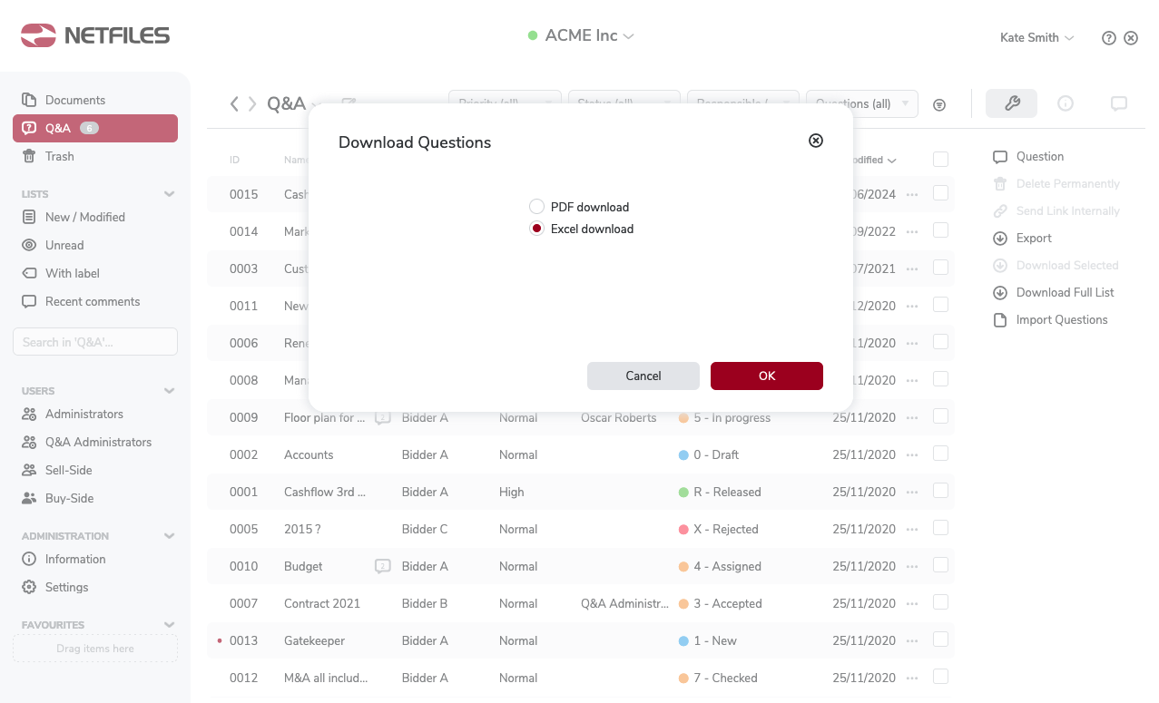 Screenshot showing download options for questions and answers (Q&A) in netfiles Deal Room.